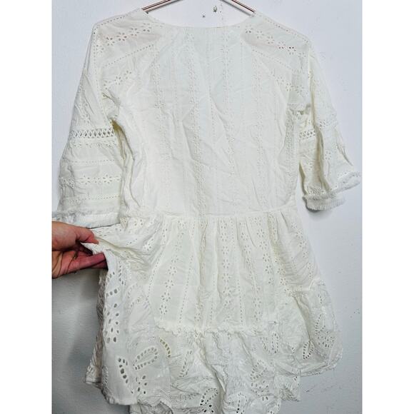 N12H White Cotton Eyelet Pure Peasant Three Quarter Sleeve Poppy Dress XS US 0 - Picture 12 of 16